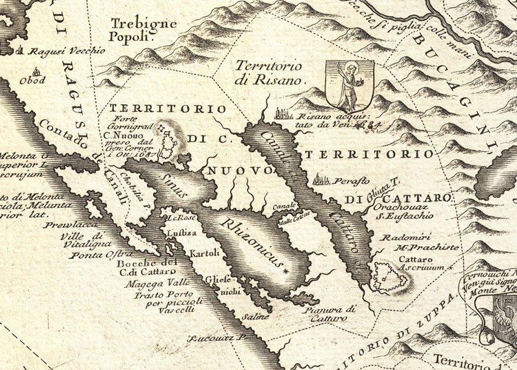 Bokokotorski zaljev na karti geografa Vicenza Coronellija s kraja 17. st.
