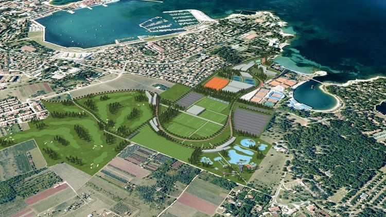 Projekcija dijela buduće sportske zone u Stella Marisu (zelena boja), uz naselje Punta, prema moru 