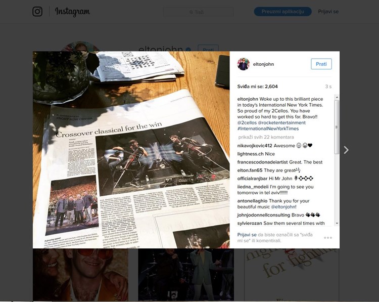 Elton John pohvalio je 2Cellos na svom Instagram profilu